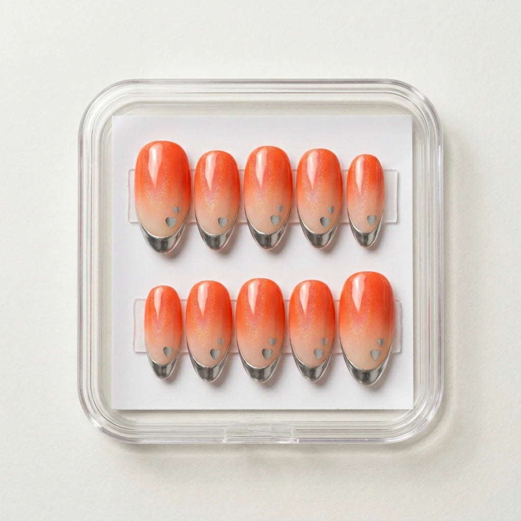 orange ombre chrome french tip almond press on nails silver heart detail 01