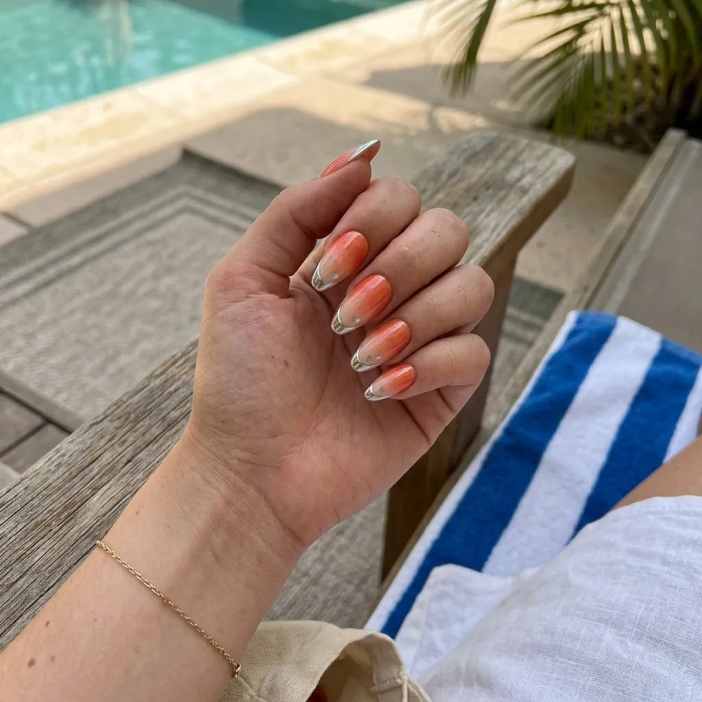 orange ombre chrome french tip almond press on nails silver heart lifestyle 01