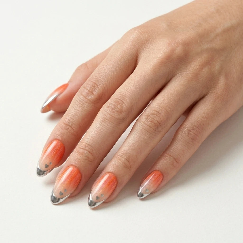 orange ombre chrome french tip almond press on nails silver heart mockup 01