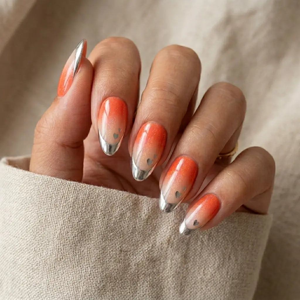 orange ombre chrome french tip almond press on nails silver heart mockup 02