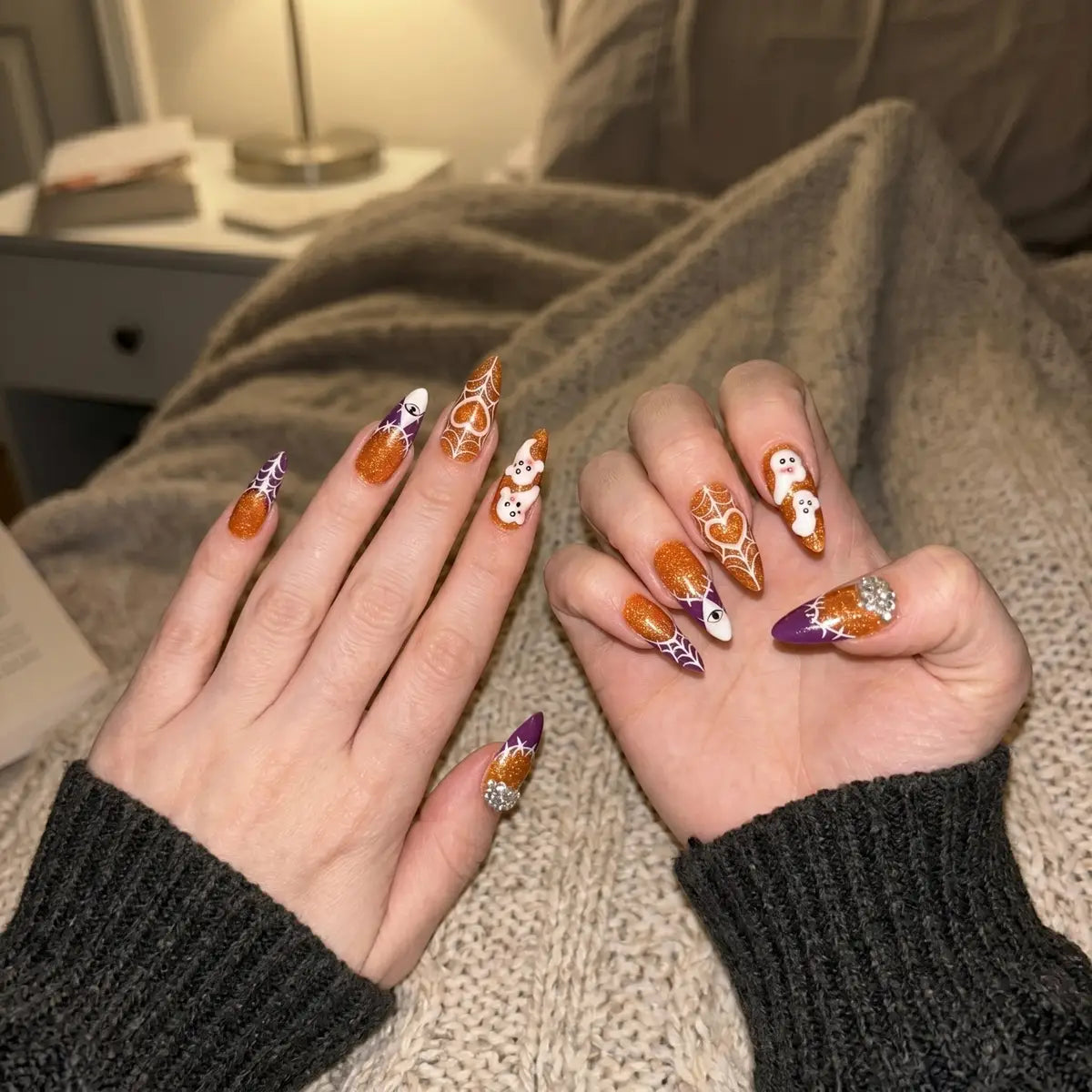 orange purple white 3d french tip halloween almond long press on nails gothic ghost detail 03