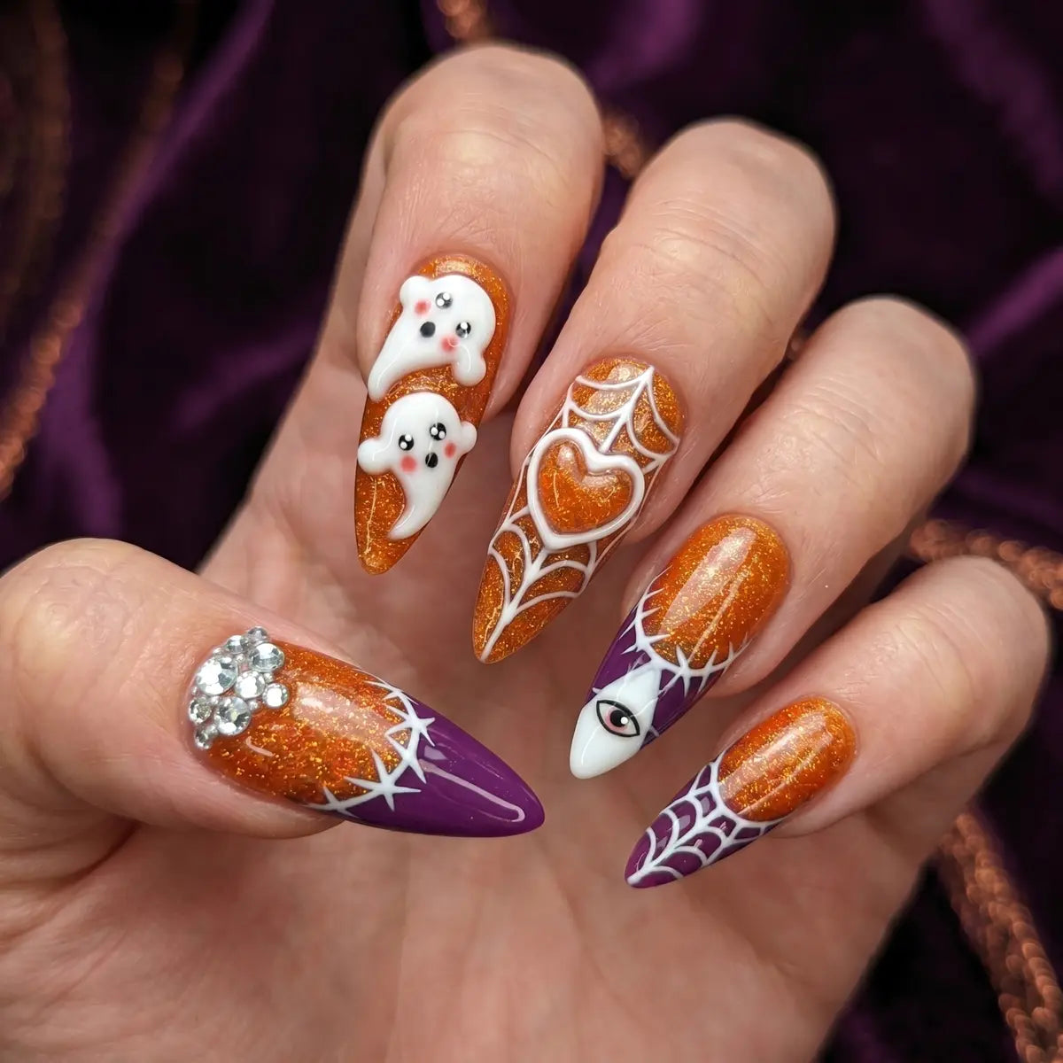 orange purple white 3d french tip halloween almond long press on nails gothic ghost lifestyle 02