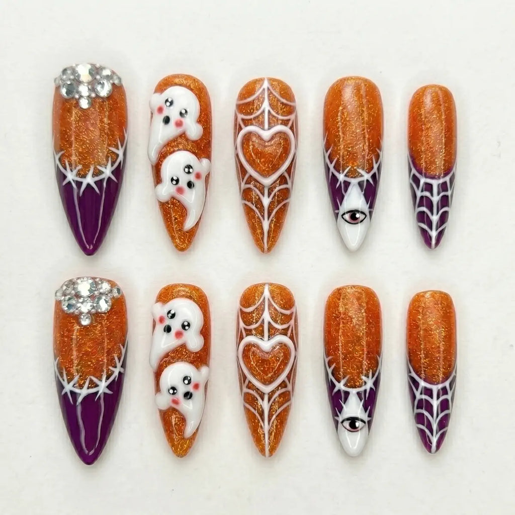 orange purple white 3d french tip halloween almond long press on nails gothic ghost mockup 01