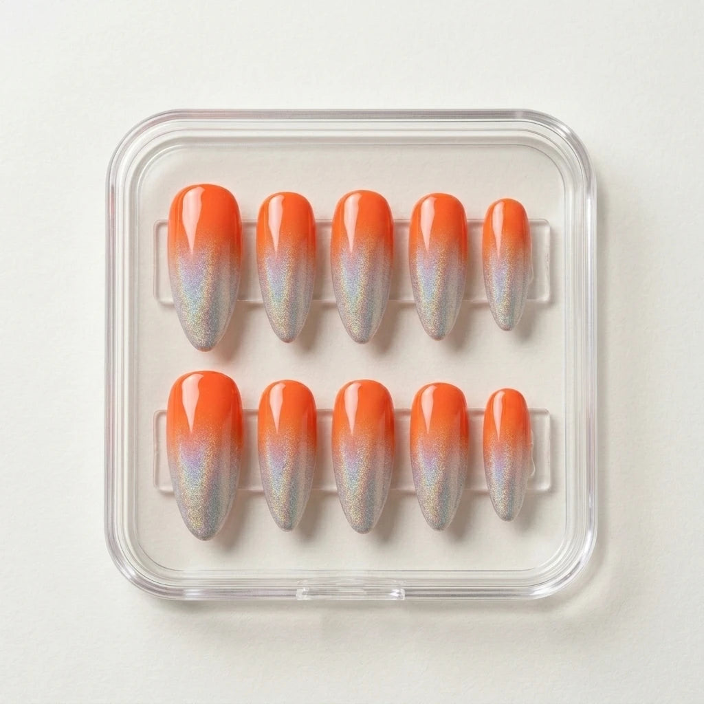 orange silver holographic ombre almond long press on nails detail 01