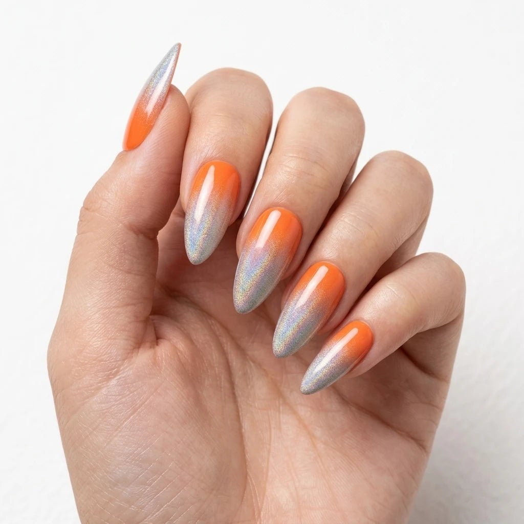 orange silver holographic ombre almond long press on nails mockup 01