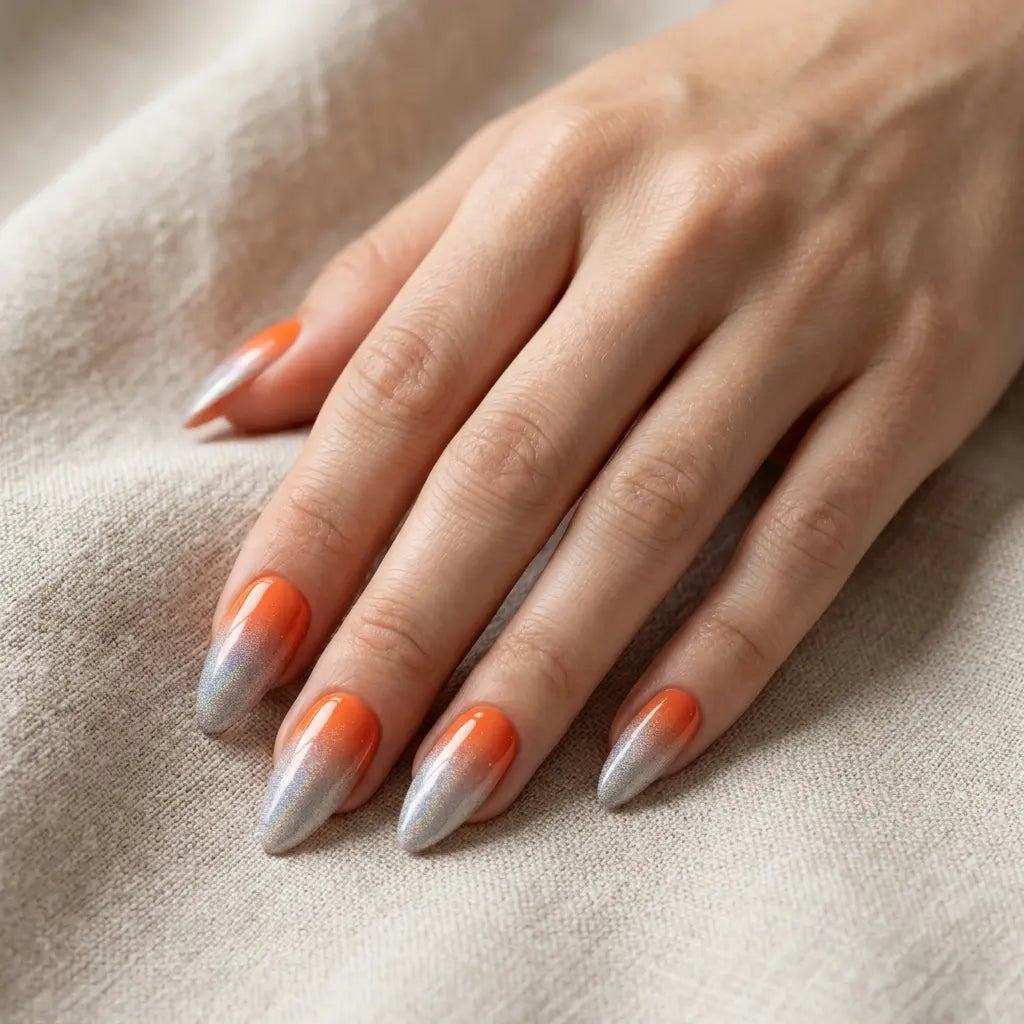 orange silver holographic ombre almond long press on nails mockup 02
