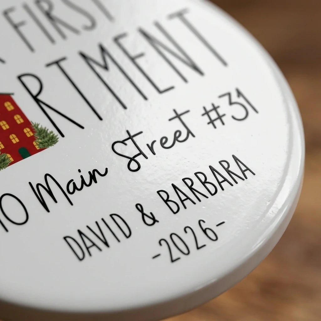 our first apartment personalized ornament detail