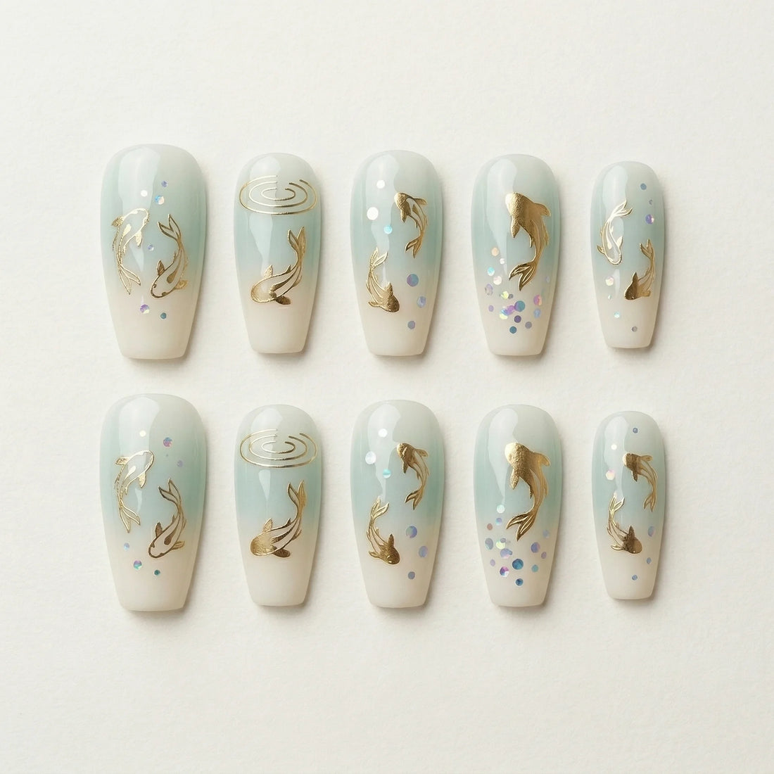 pale blue ombre coffin medium press on nails golden koi fish lifestyle 02