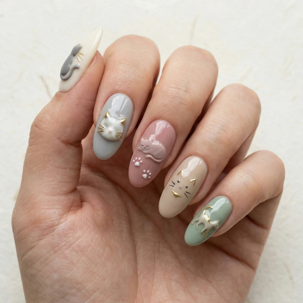 pastel 3d almond medium press on nails cat charms box 02