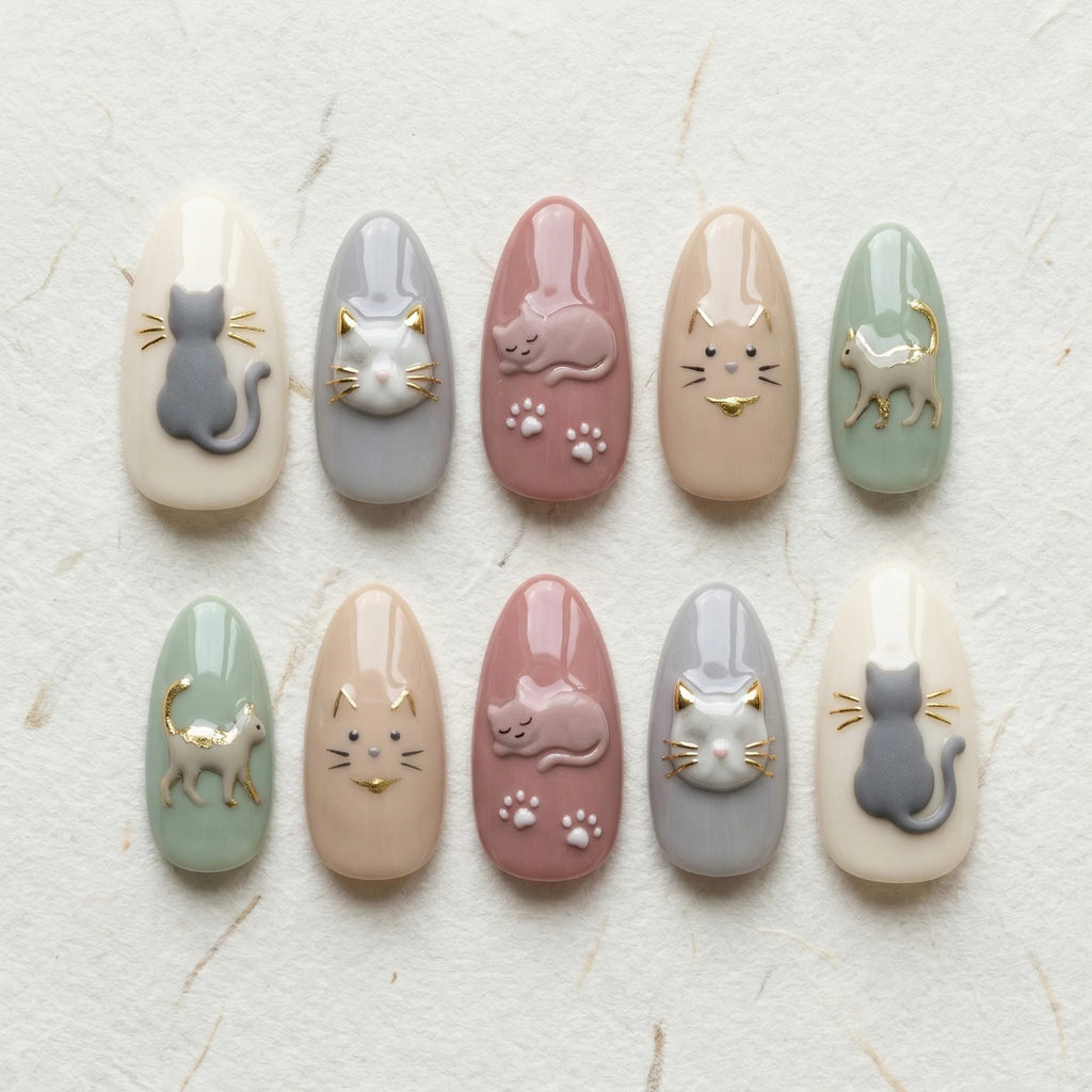 pastel 3d almond medium press on nails cat charms flat lay 01