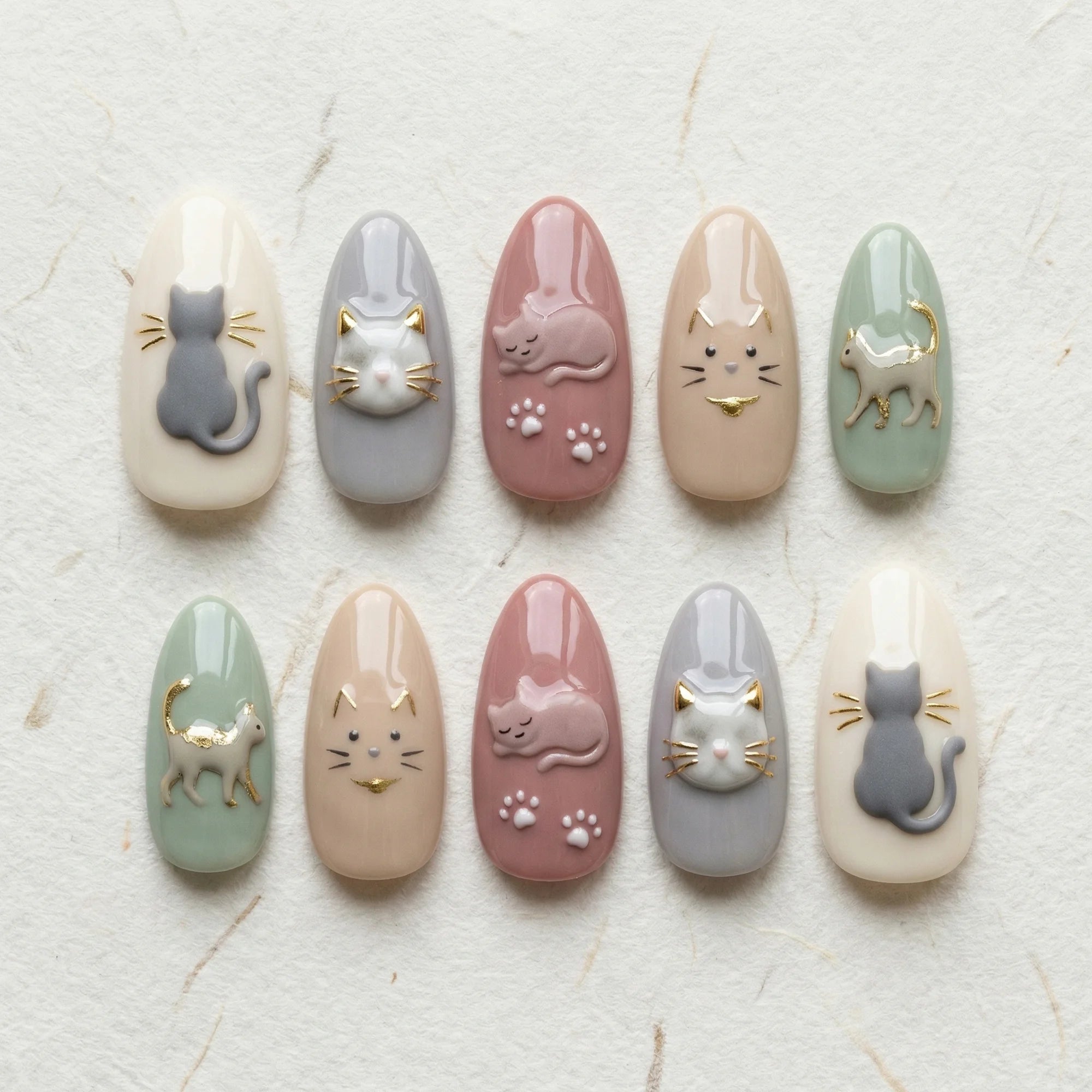 pastel 3d almond medium press on nails cat charms flat lay 01