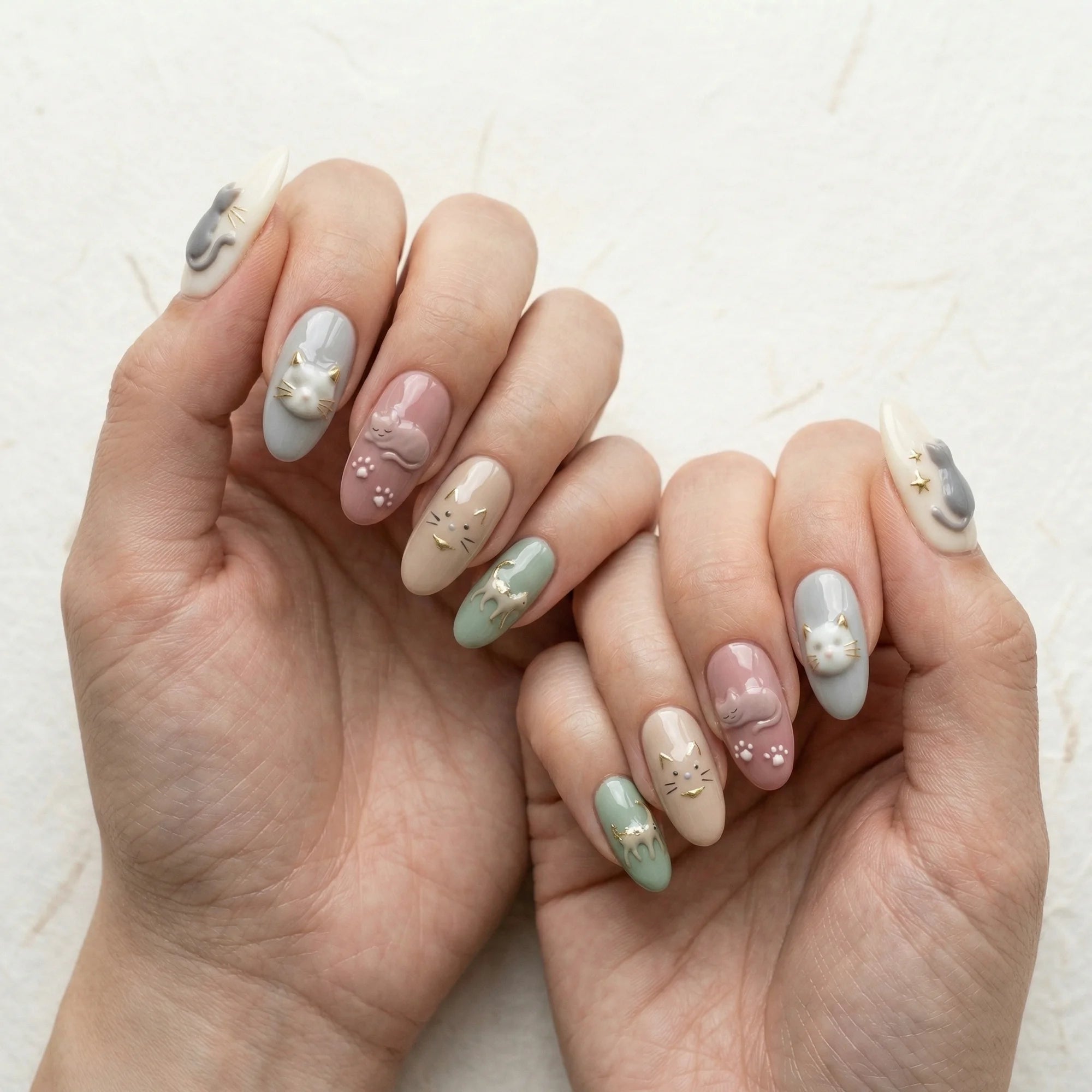 pastel 3d almond medium press on nails cat charms lifestyle 03