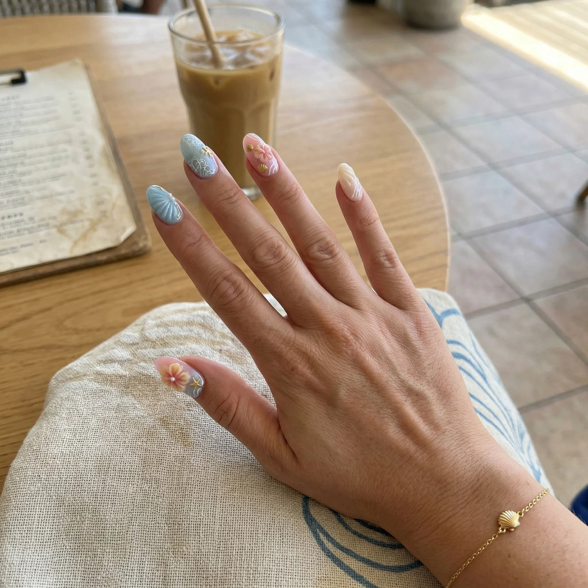 pastel 3d almond medium press on nails hibiscus golden seashell lifestyle 02