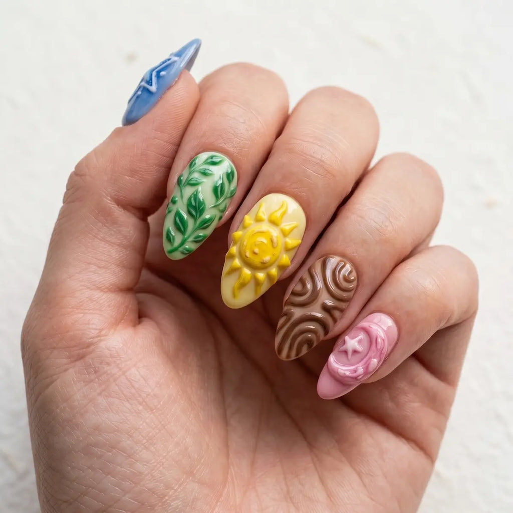 pastel 3d hand painted almond press on nails celestial botanical lifestyle 02