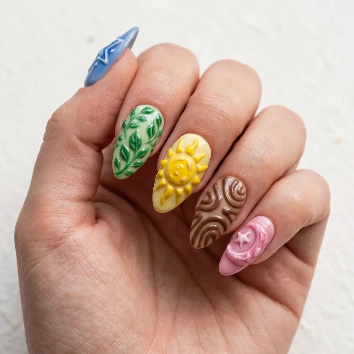 pastel 3d hand painted almond press on nails celestial botanical lifestyle 02
