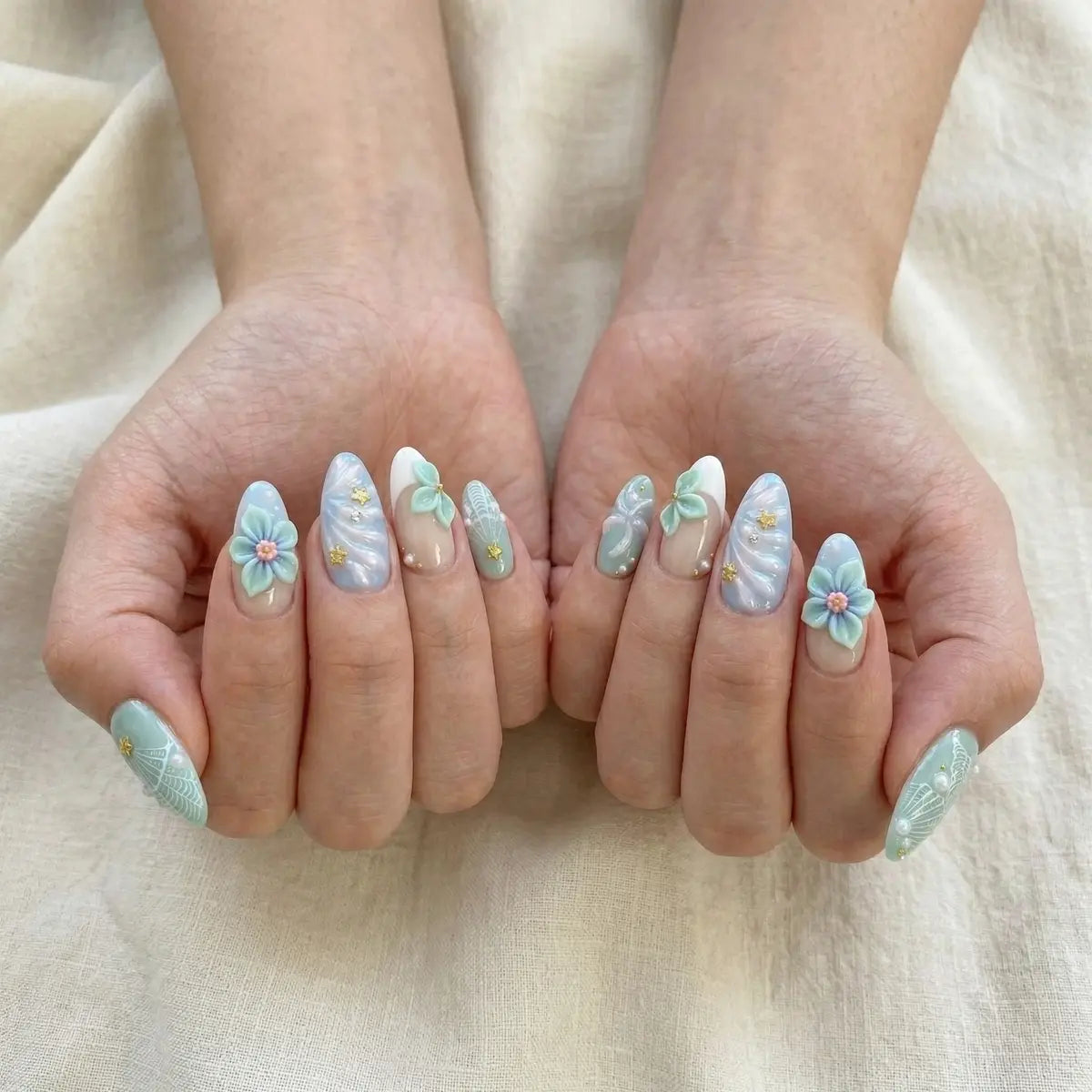 pastel blue 3d flower almond press on nails shell engraved pearl star lifestyle 02