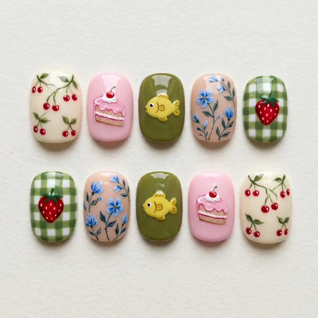 pastel confection 3d square short press on nails cake strawberry fish flat lay 01
