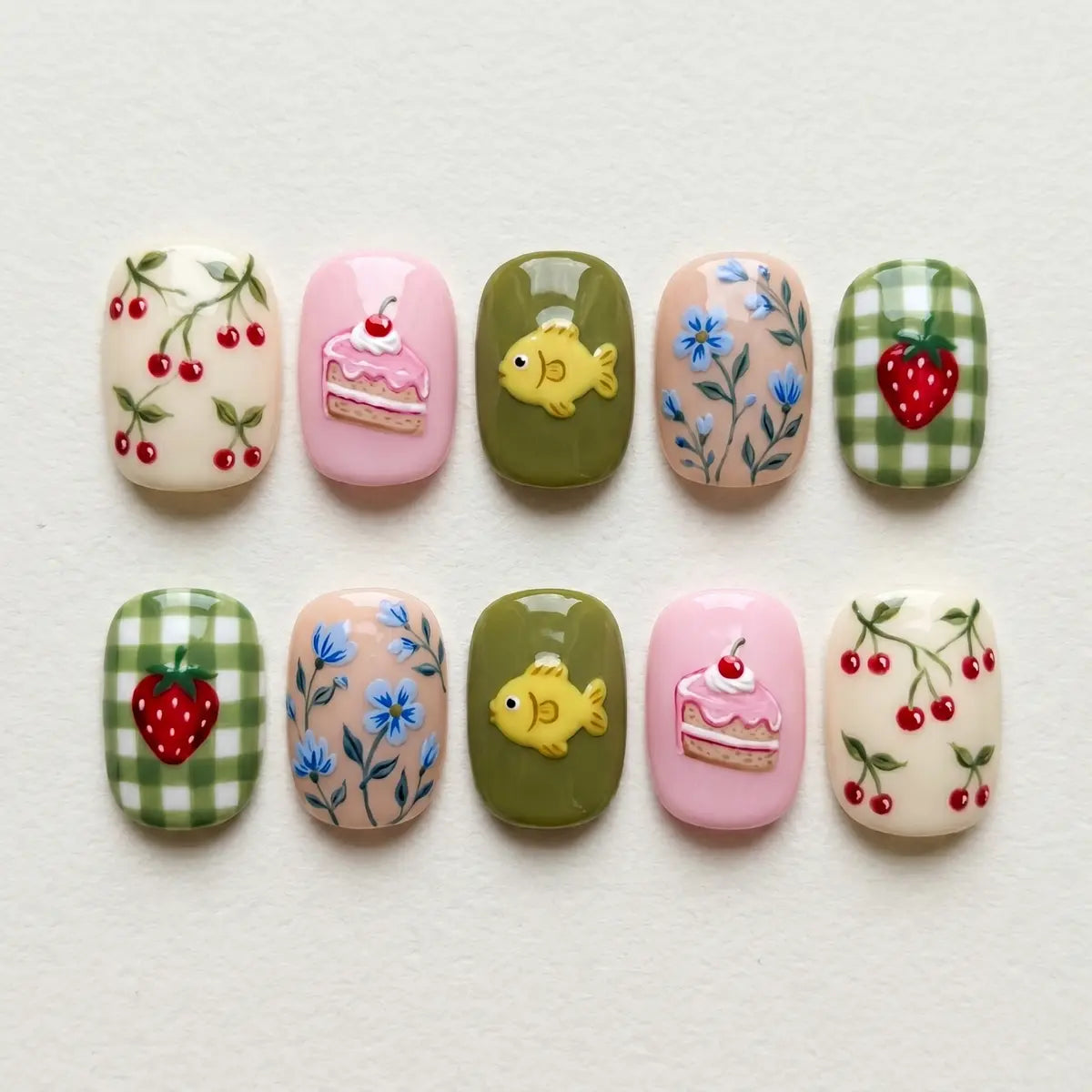 pastel confection 3d square short press on nails cake strawberry fish flat lay 01