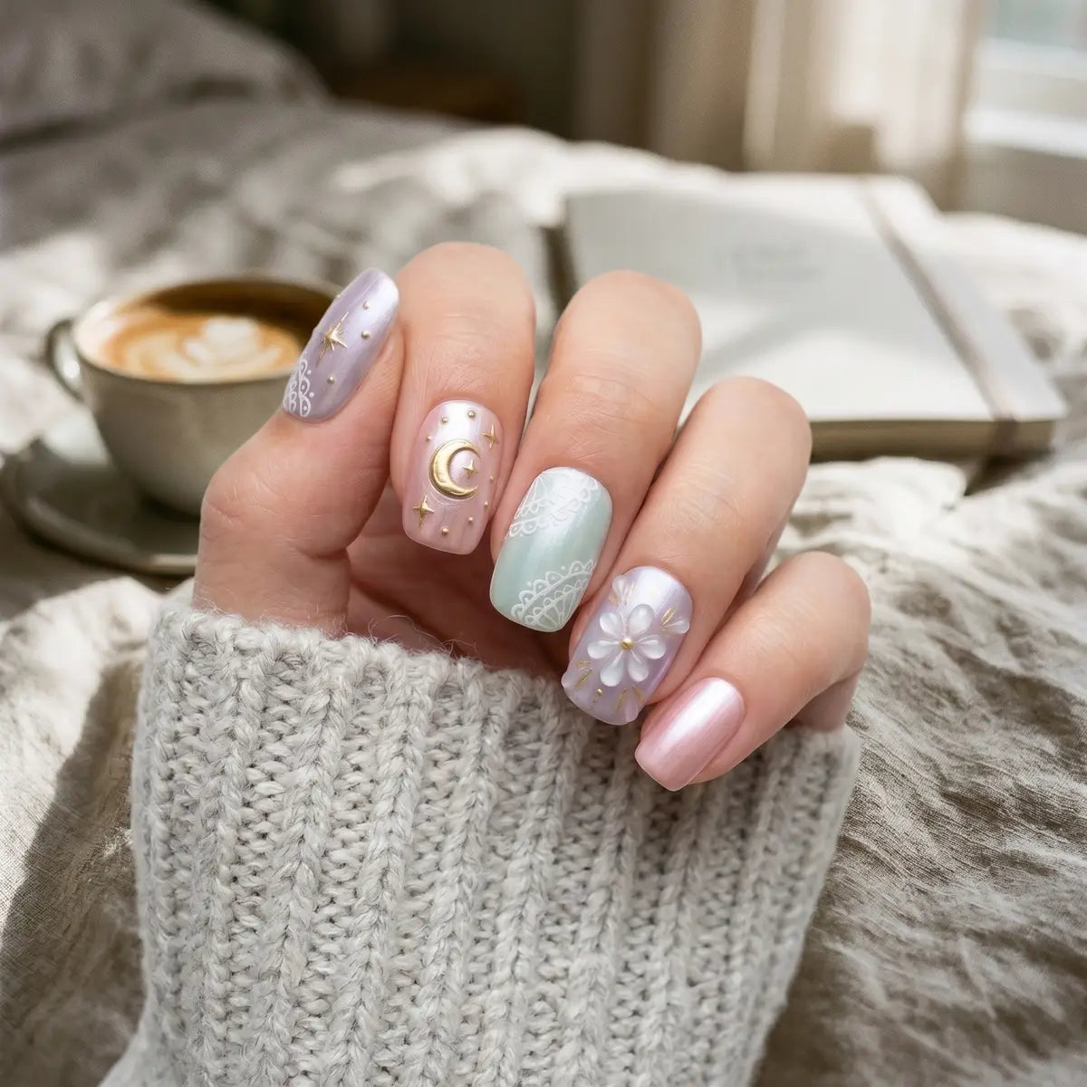 pastel dream 3d square press on nails flower moon lifestyle 01
