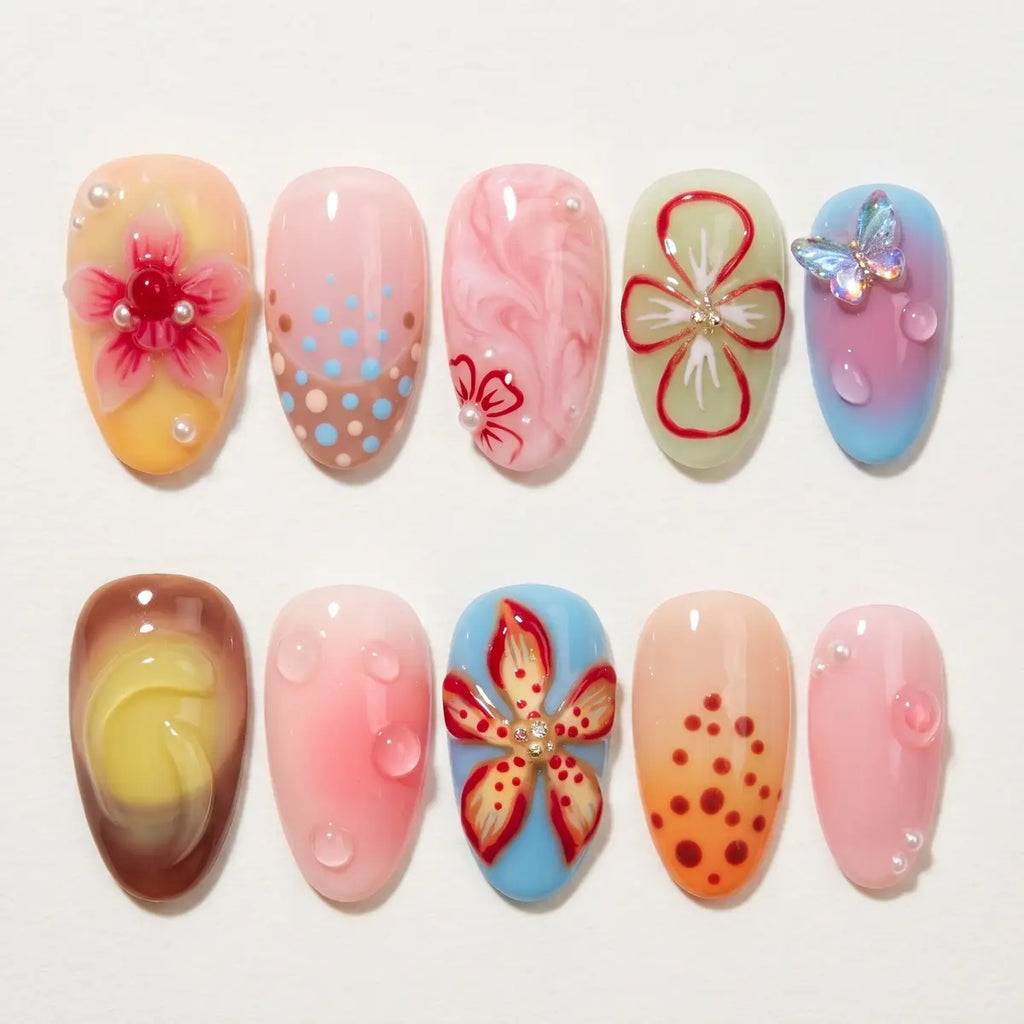 pastel dreamy 3d almond press on nails butterfly flower drop flat lay 01