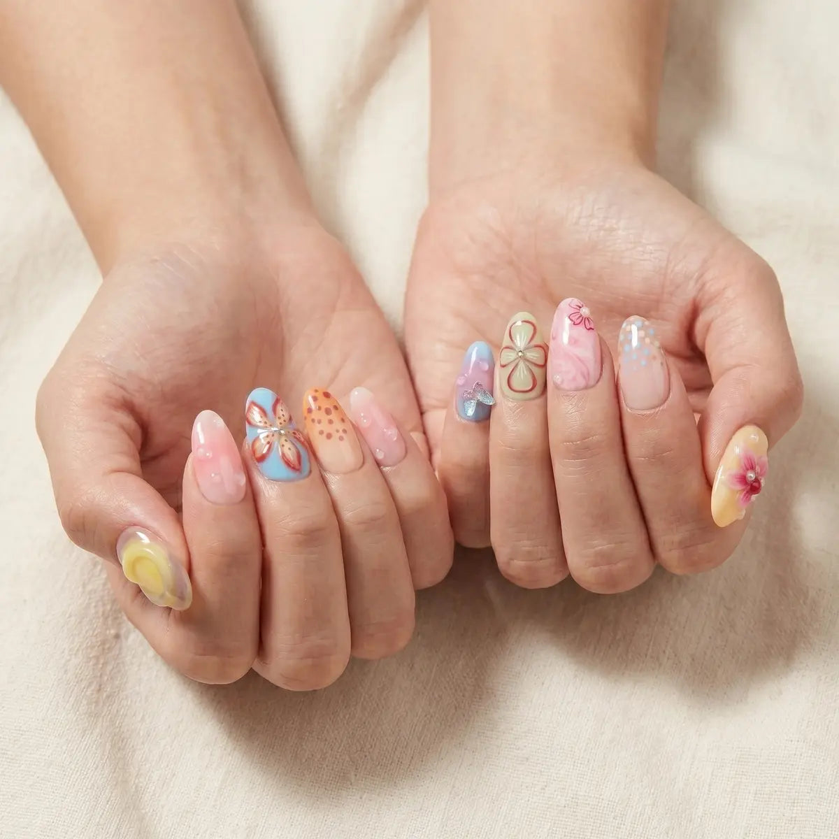 pastel dreamy 3d almond press on nails butterfly flower drop mockup 01