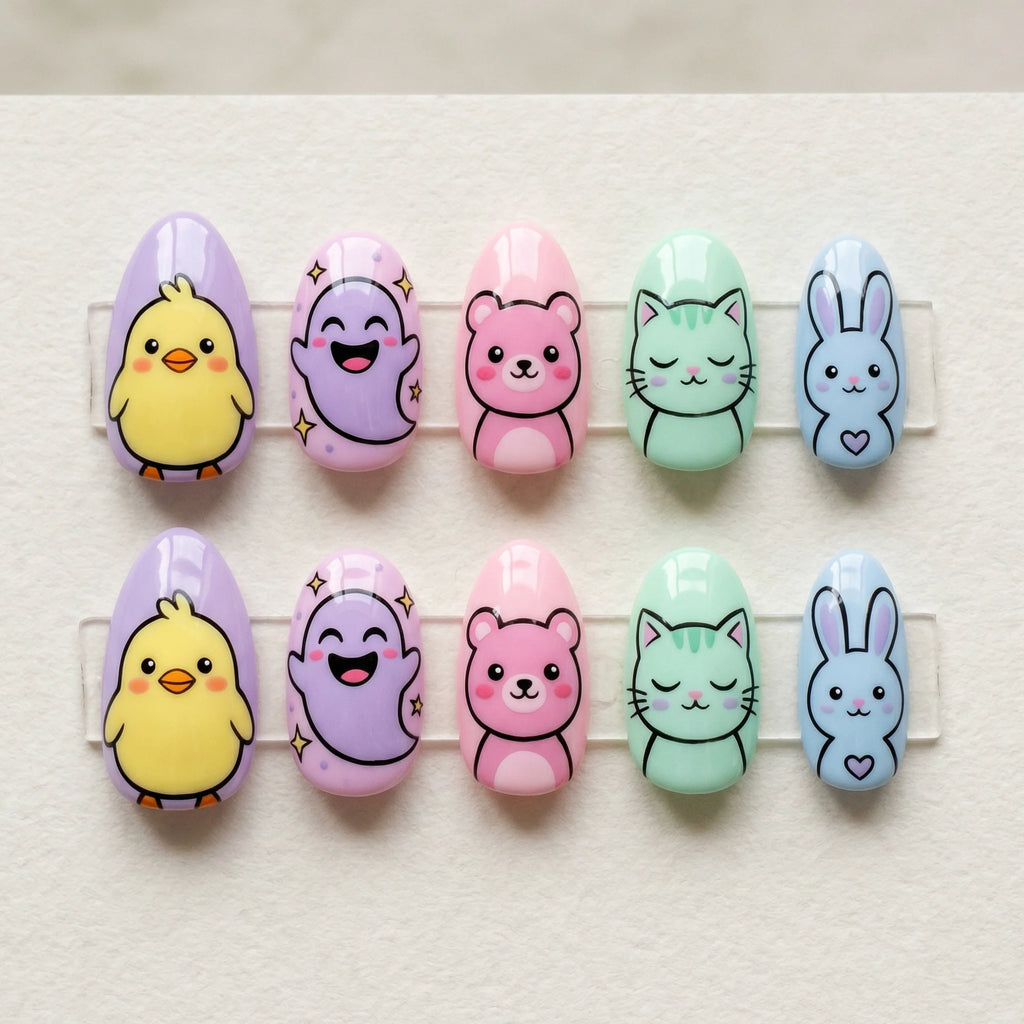 pastel hand painted almond medium press on nails kawaii ghost flat lay 01