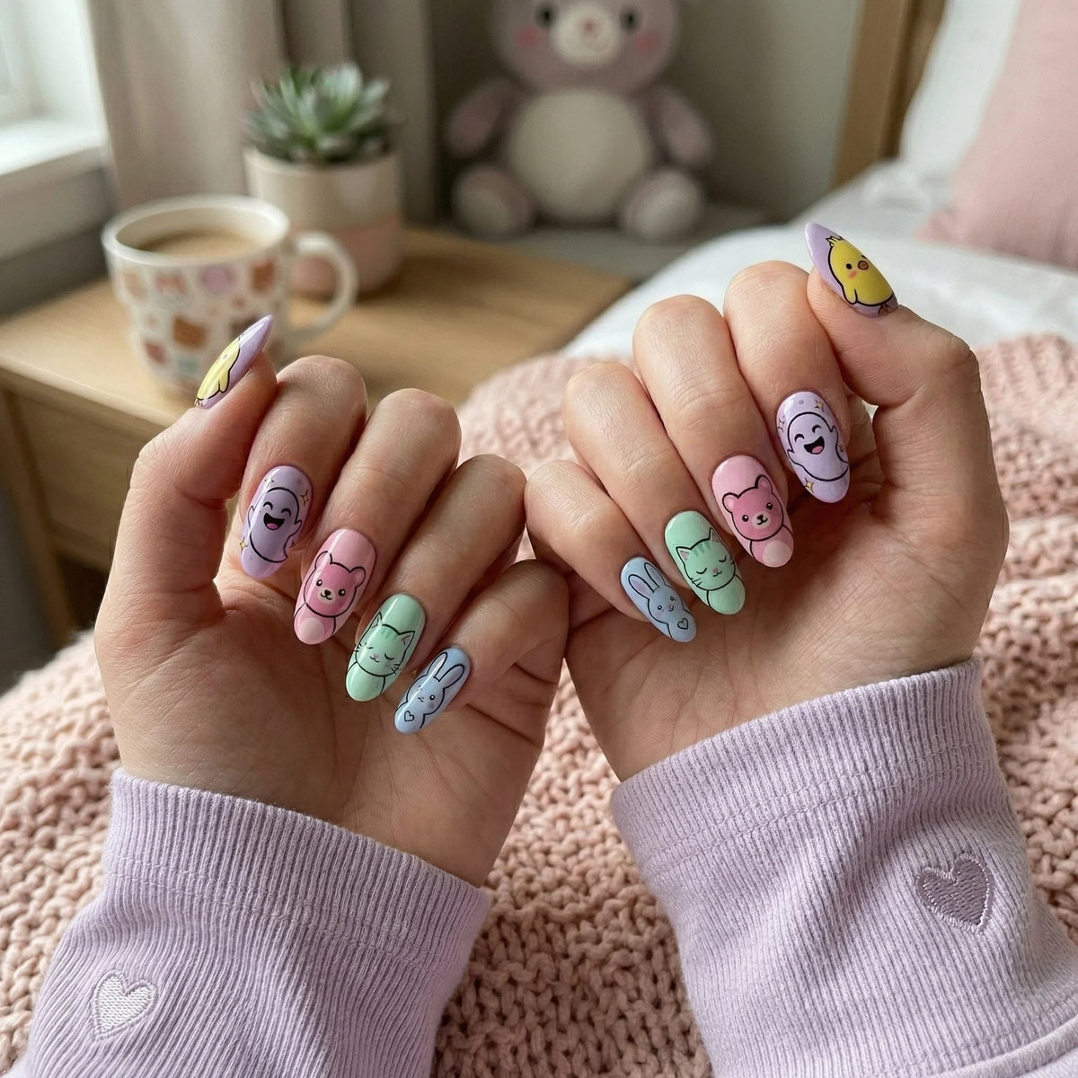 pastel hand painted almond medium press on nails kawaii ghost lifestyle 02
