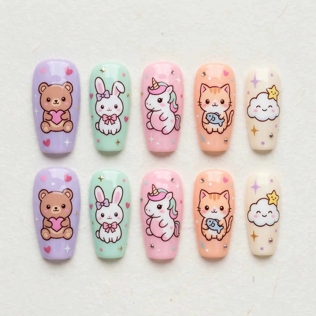 pastel hand painted coffin medium press on nails kawaii unicorn flat lay 01