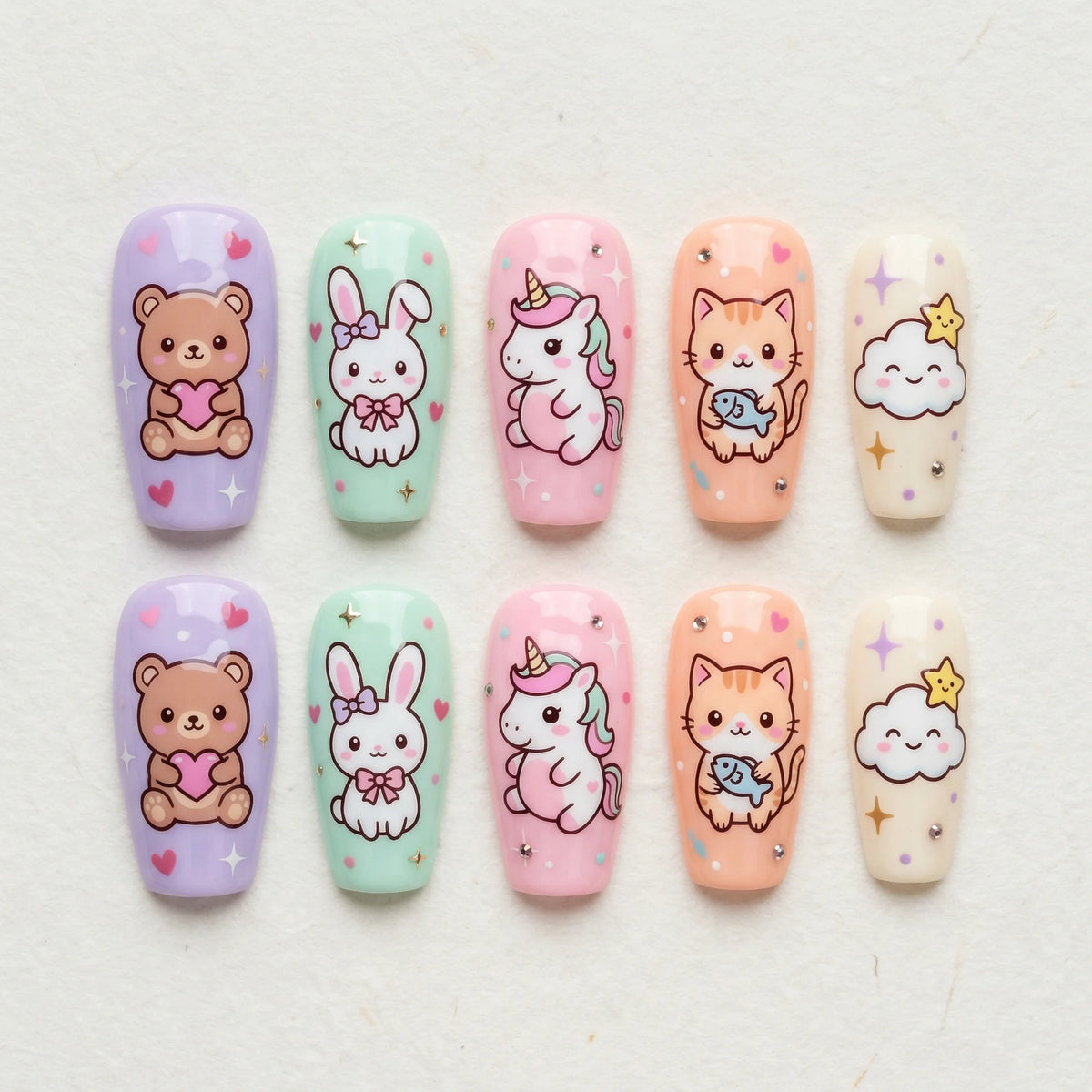pastel hand painted coffin medium press on nails kawaii unicorn flat lay 01