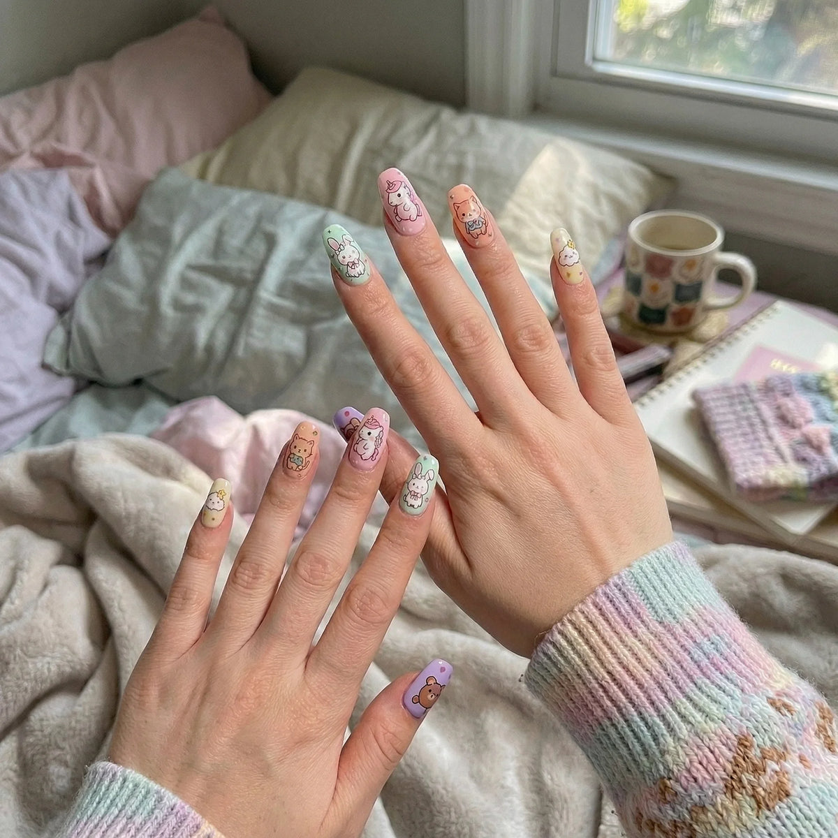 pastel hand painted coffin medium press on nails kawaii unicorn lifestyle 02