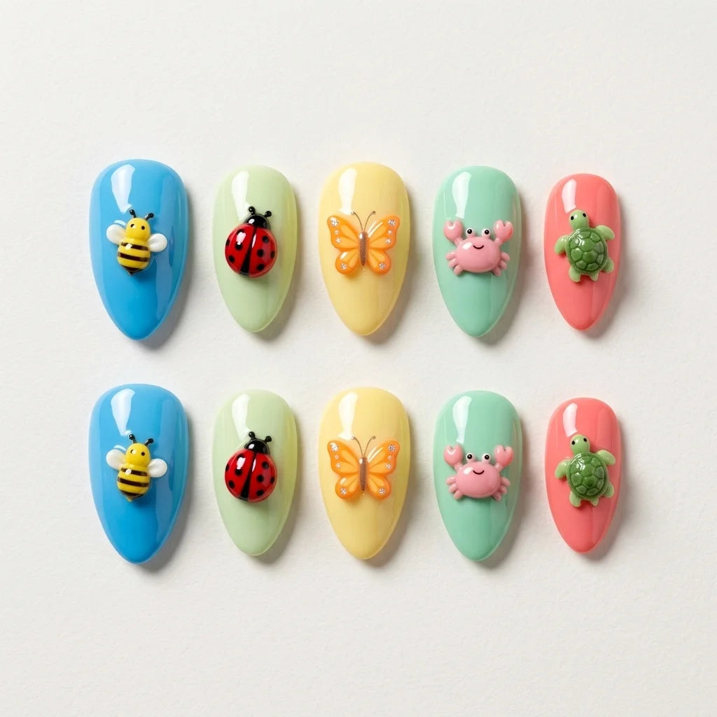 pastel multicolor 3d almond press on nails bee ladybug butterfly crab turtle flat lay 04