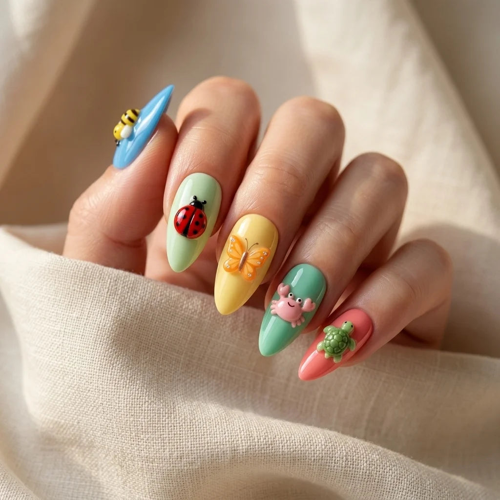 pastel multicolor 3d almond press on nails bee ladybug butterfly crab turtle lifestyle 02