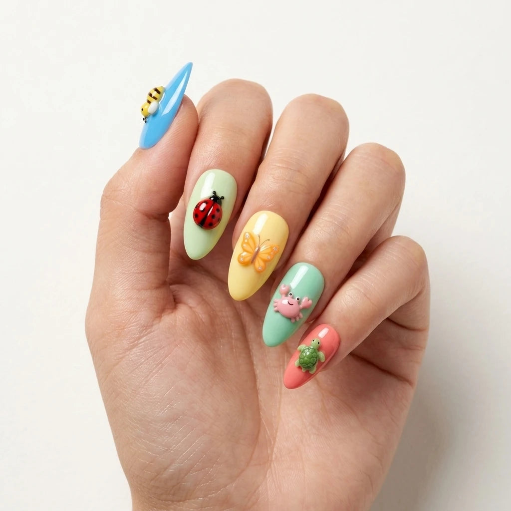 pastel multicolor 3d almond press on nails bee ladybug butterfly crab turtle mockup 01