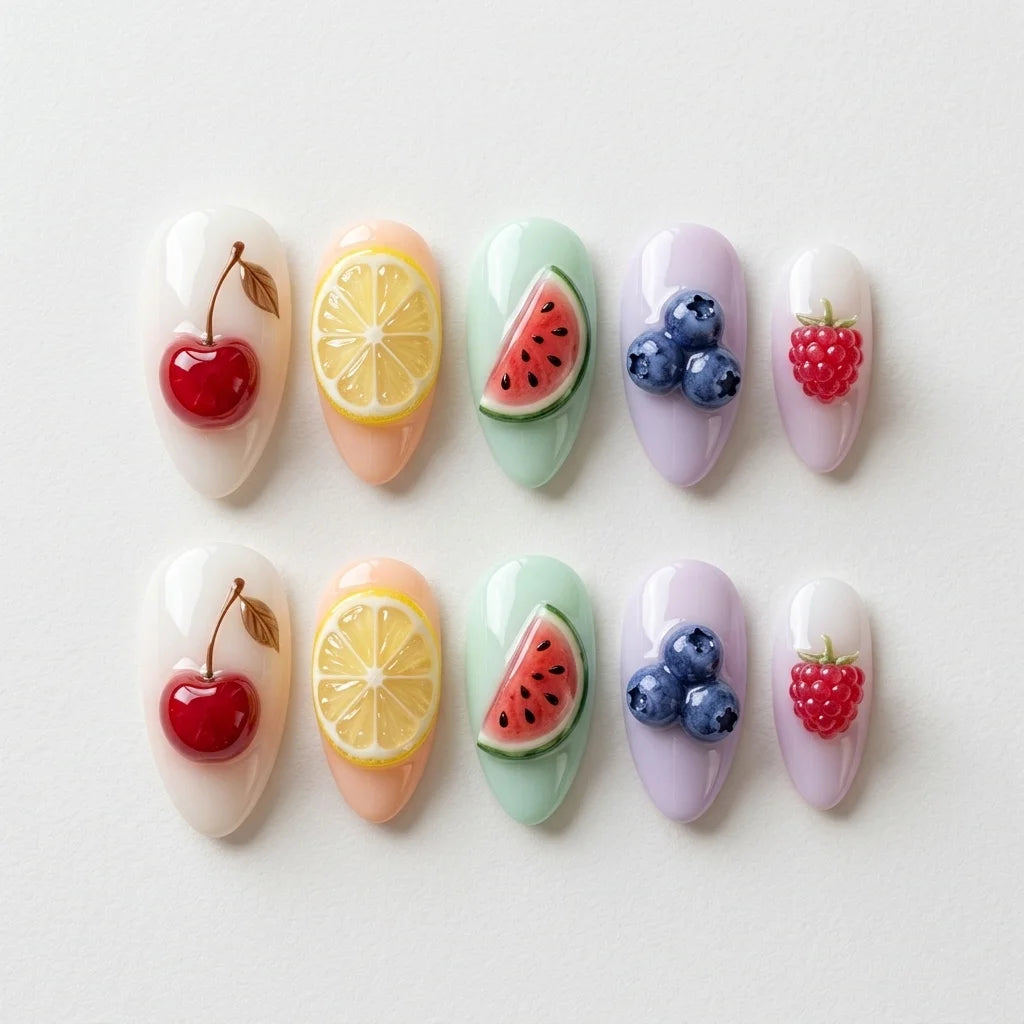 pastel multicolor 3d almond press on nails summer fruit cherry lemon flat lay 04