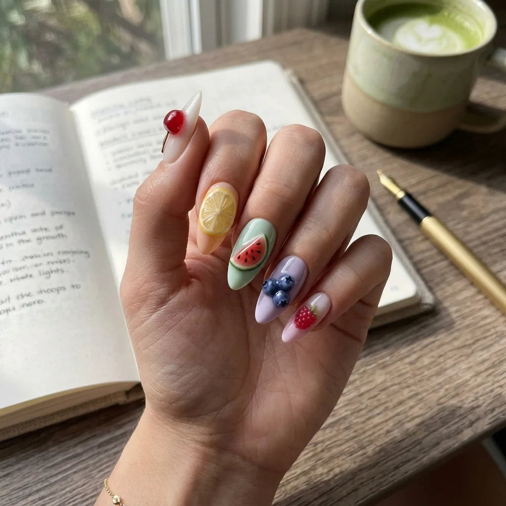 pastel multicolor 3d almond press on nails summer fruit cherry lemon lifestyle 02
