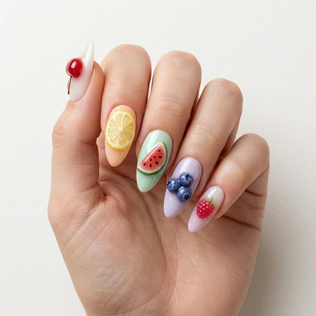 pastel multicolor 3d almond press on nails summer fruit cherry lemon mockup 01