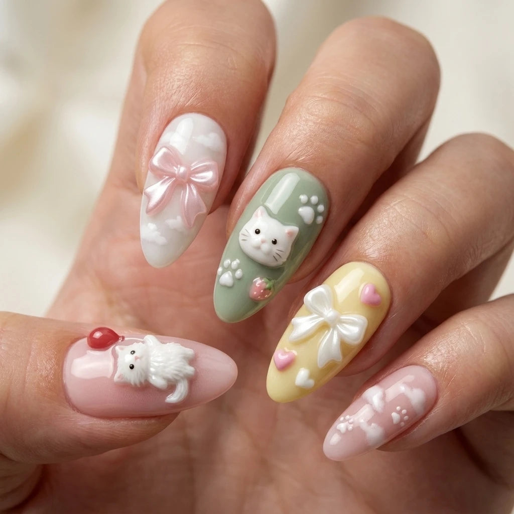pastel multicolor 3d hand painted almond press on nails cat balloon bow cloud detail 03