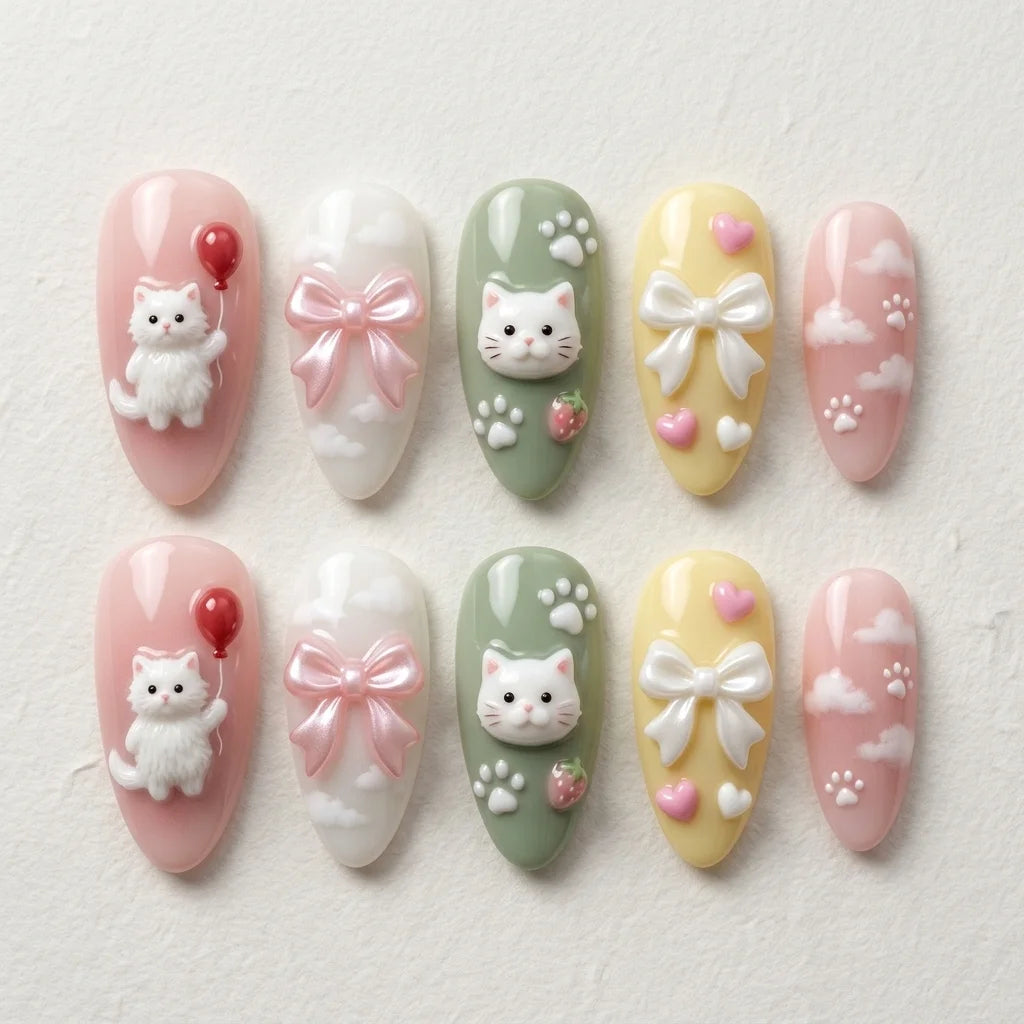 pastel multicolor 3d hand painted almond press on nails cat balloon bow cloud flat lay 04