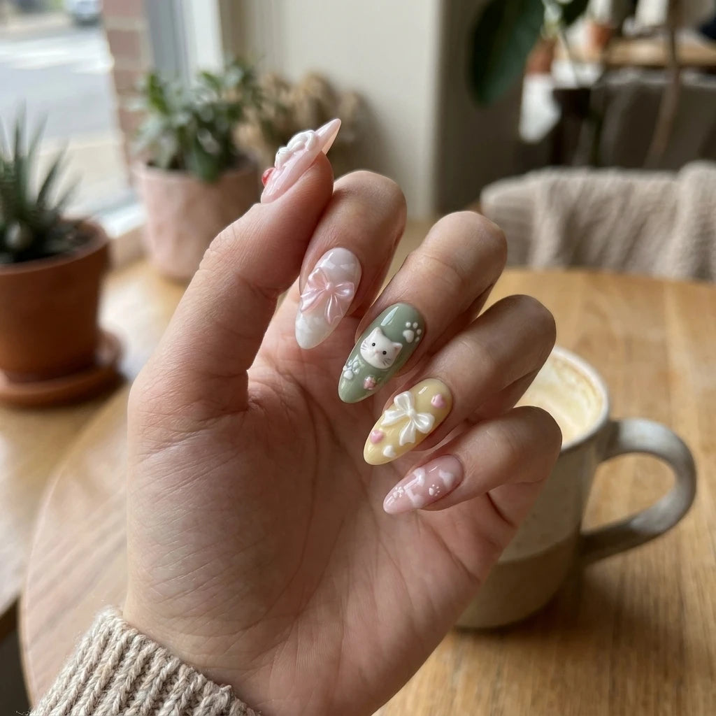 pastel multicolor 3d hand painted almond press on nails cat balloon bow cloud lifestyle 02