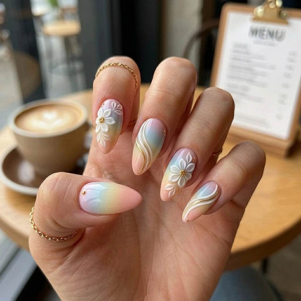 pastel ombre 3d almond press on nails peony bloom swirl detail 04