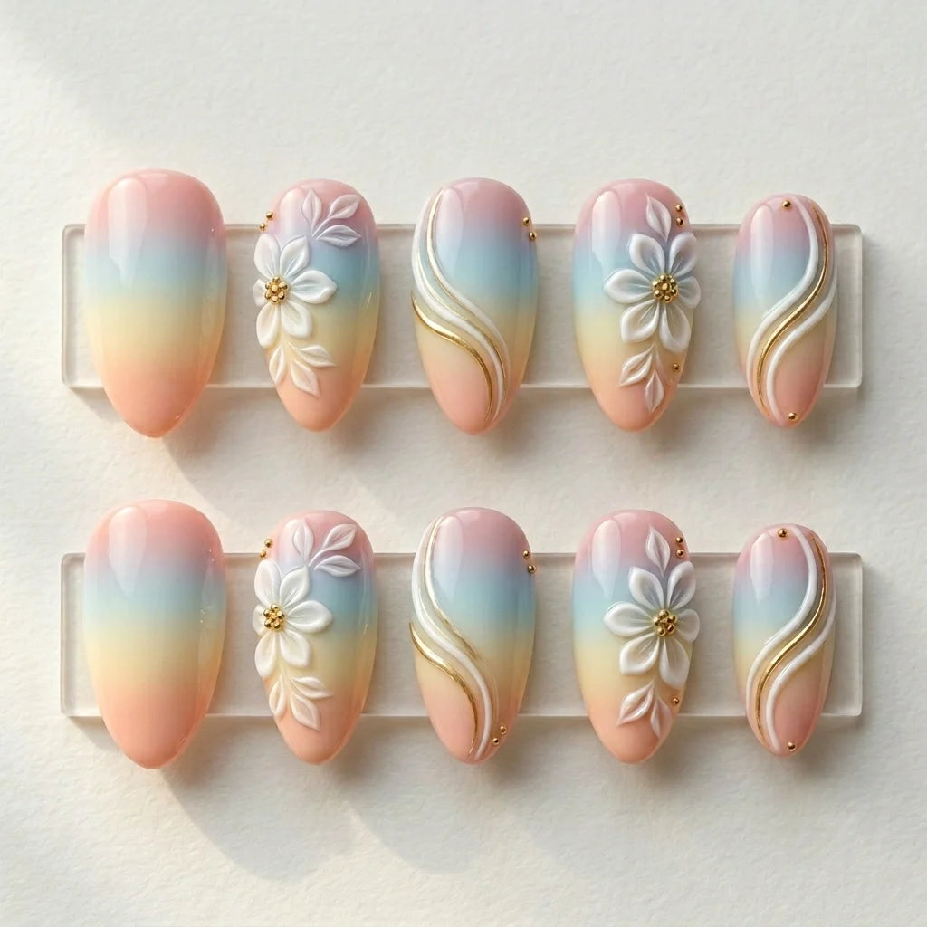 pastel ombre 3d almond press on nails peony bloom swirl detail 05