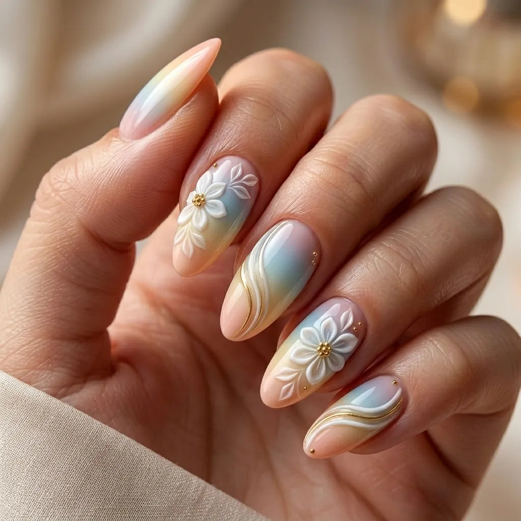 pastel ombre 3d almond press on nails peony bloom swirl lifestyle 03