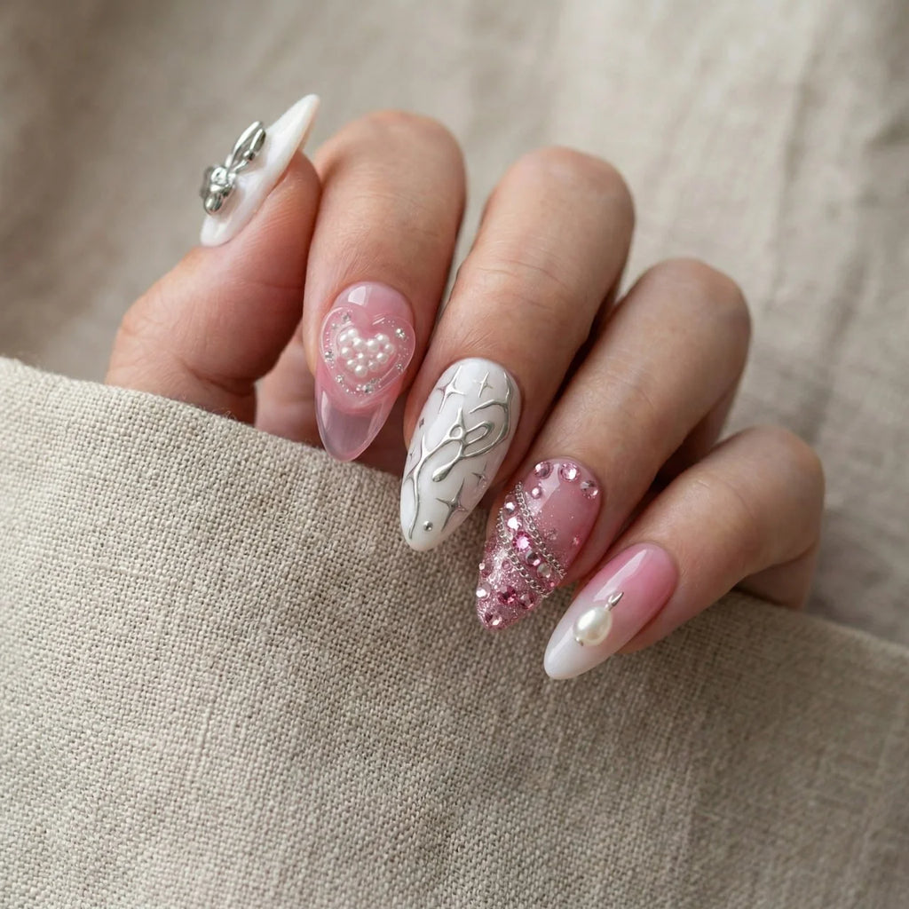 pastel pink hand painted stiletto medium press on nails silver heart mockup 01