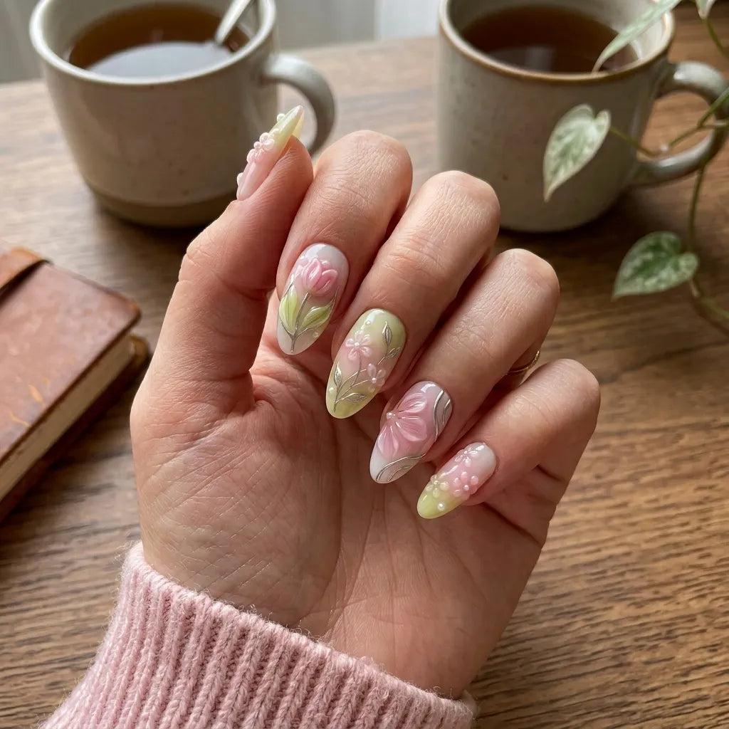 pastel pink light green 3d ombre almond press on nails tulip flower pearl detail 03