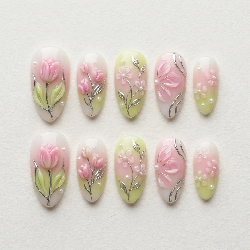 pastel pink light green 3d ombre almond press on nails tulip flower pearl flat lay 04