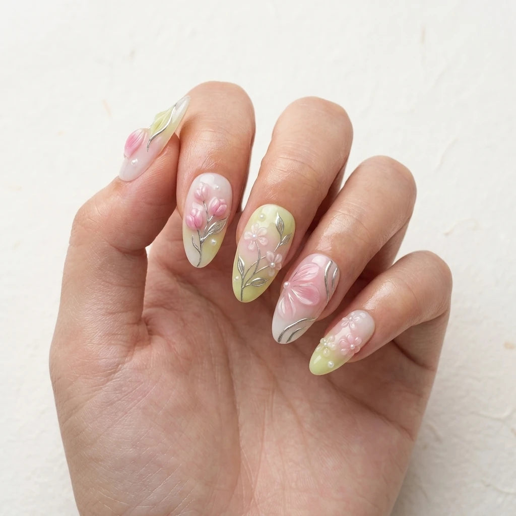 pastel pink light green 3d ombre almond press on nails tulip flower pearl lifestyle 02