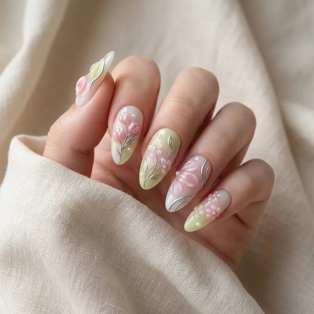pastel pink light green 3d ombre almond press on nails tulip flower pearl mockup 01