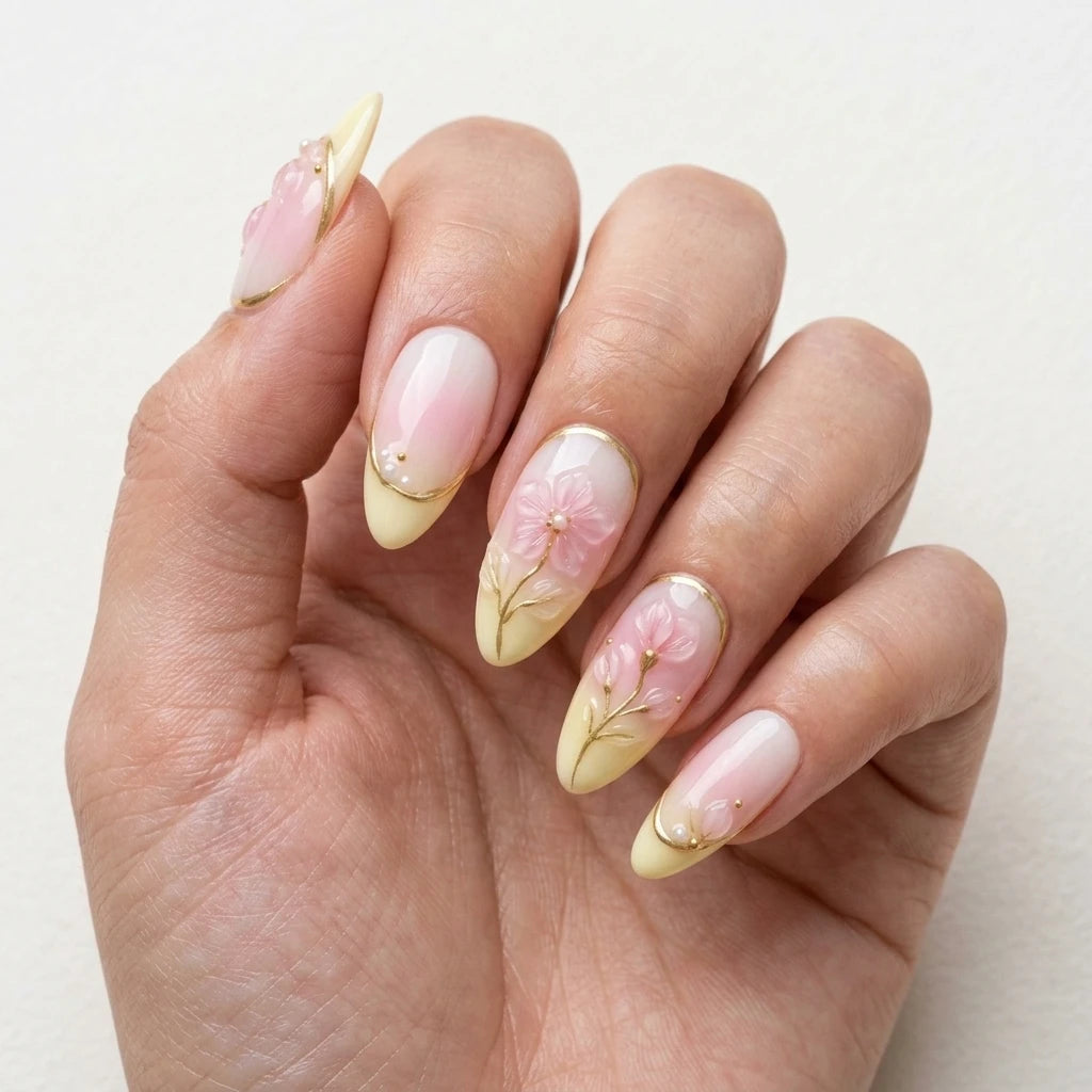 pastel pink light yellow 3d french tip almond press on nails cherry blossom detail 03