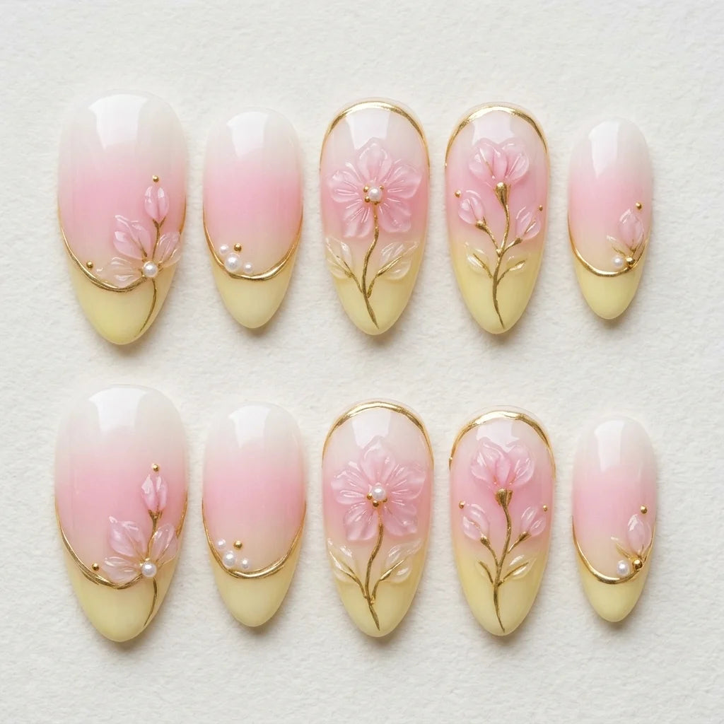 pastel pink light yellow 3d french tip almond press on nails cherry blossom flat lay 04
