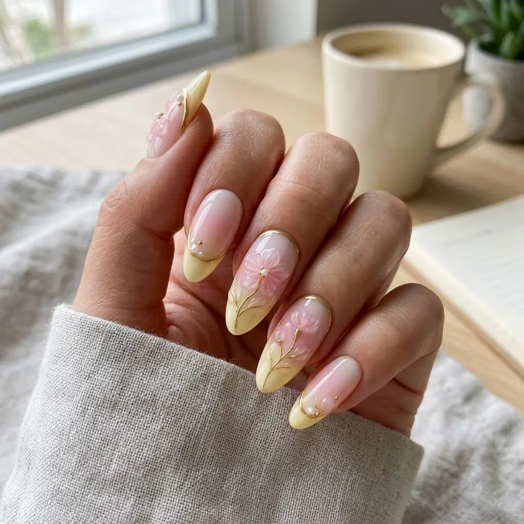 pastel pink light yellow 3d french tip almond press on nails cherry blossom lifestyle 02
